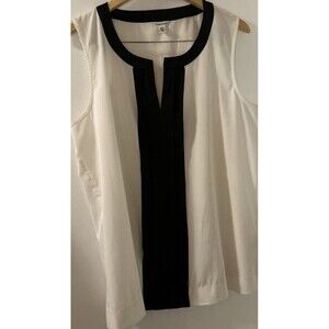 Calvin Klein Women Two-tone Ivory & Black Sleeveless Blouse LG  V-Neck